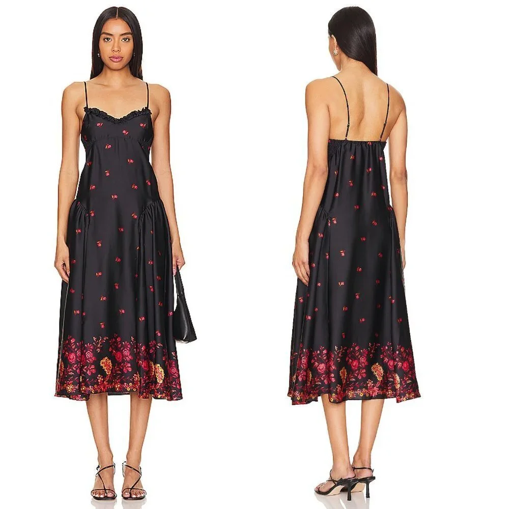 New Free People On My Own Floral Satin Black Dress Size XS